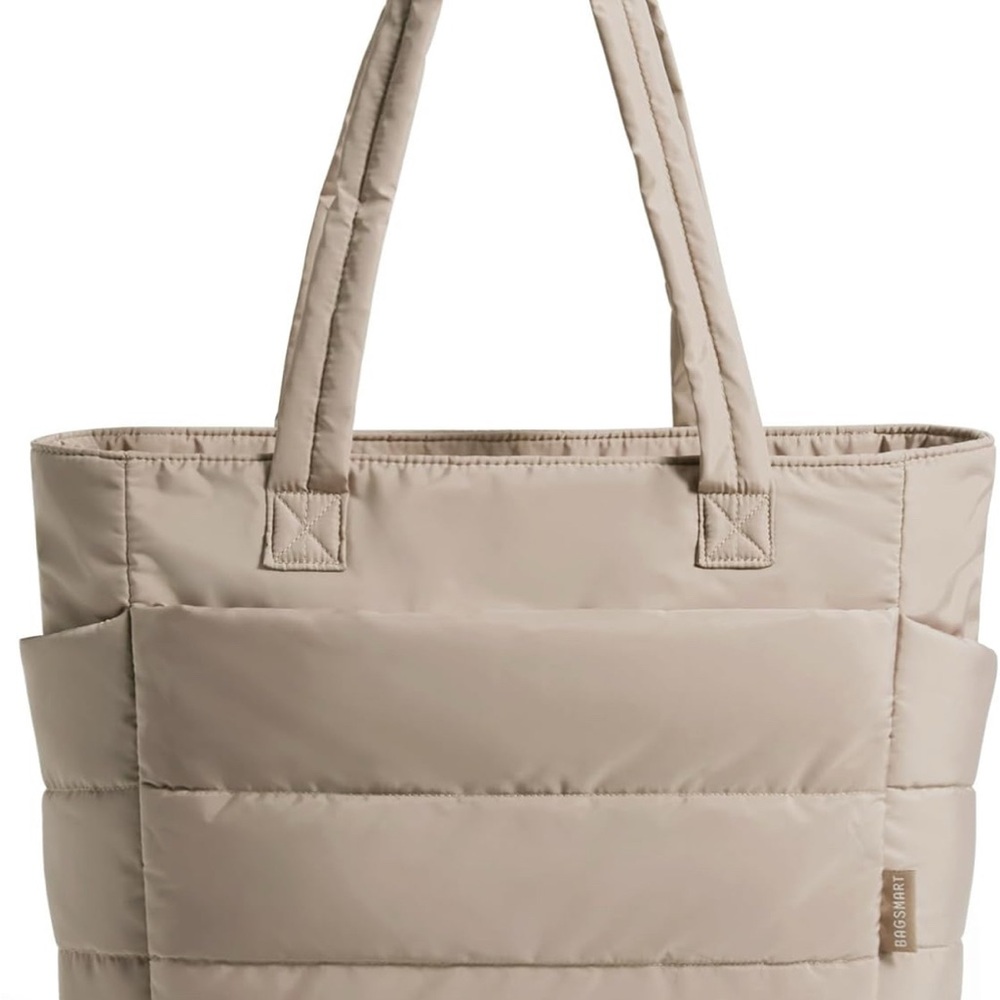 BAGSMART Puffy Tote Bag Women Quilted Shoulder Bag Travel Work Gym Beige